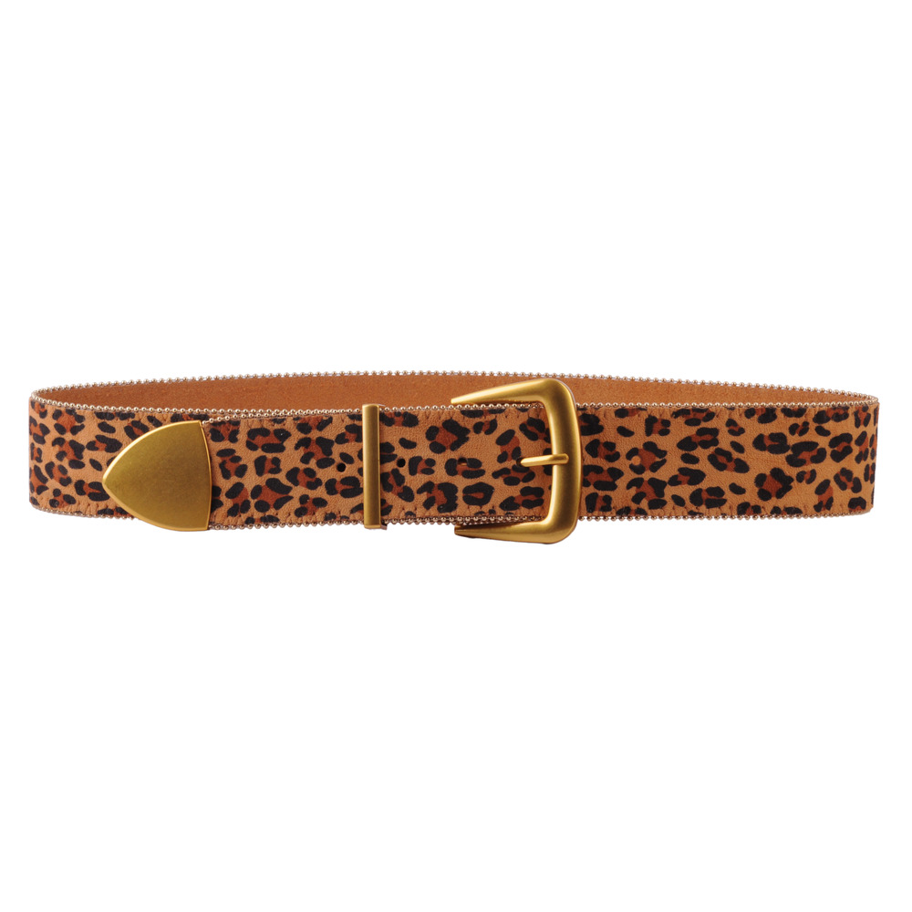 Leopard Print Zipper Edged Belt Gold Buckle